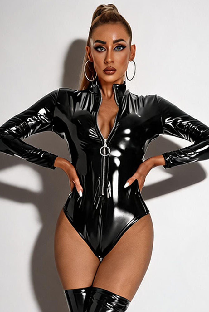 High-shine faux leather zip-front long-sleeve bodysuit, black, ring-pull zipper