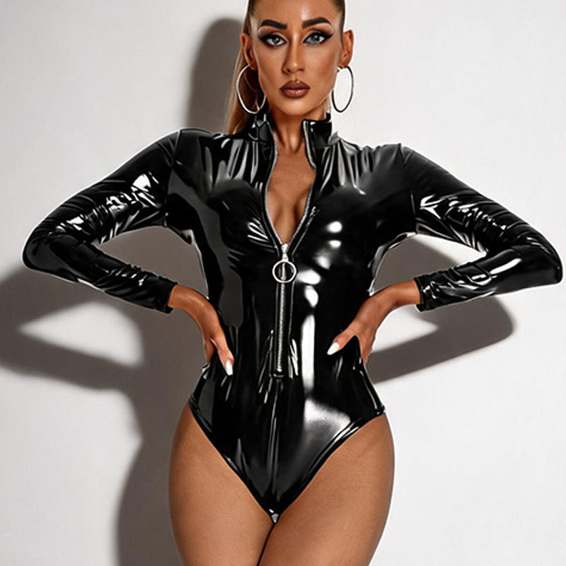 High-shine faux leather zip-front long-sleeve bodysuit, black, ring-pull zipper