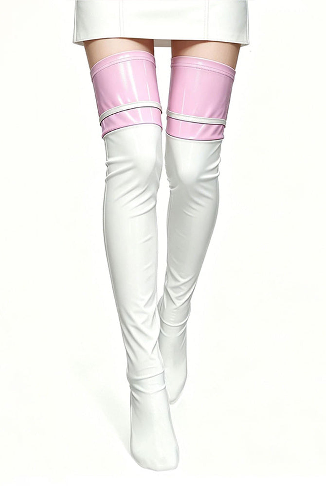 White faux leather thigh-high stockings with pink garter bands