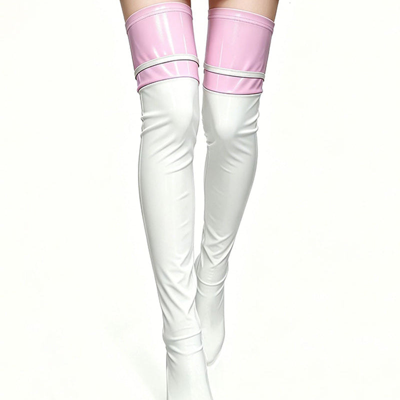 White faux leather thigh-high stockings with pink garter bands