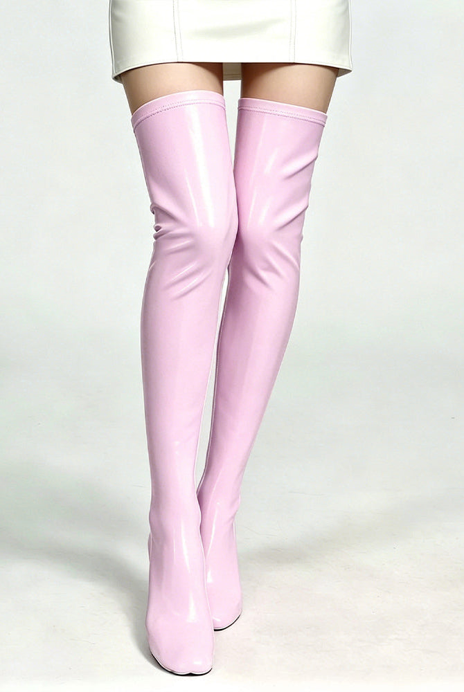 Pink faux leather thigh-high stockings with glossy finish