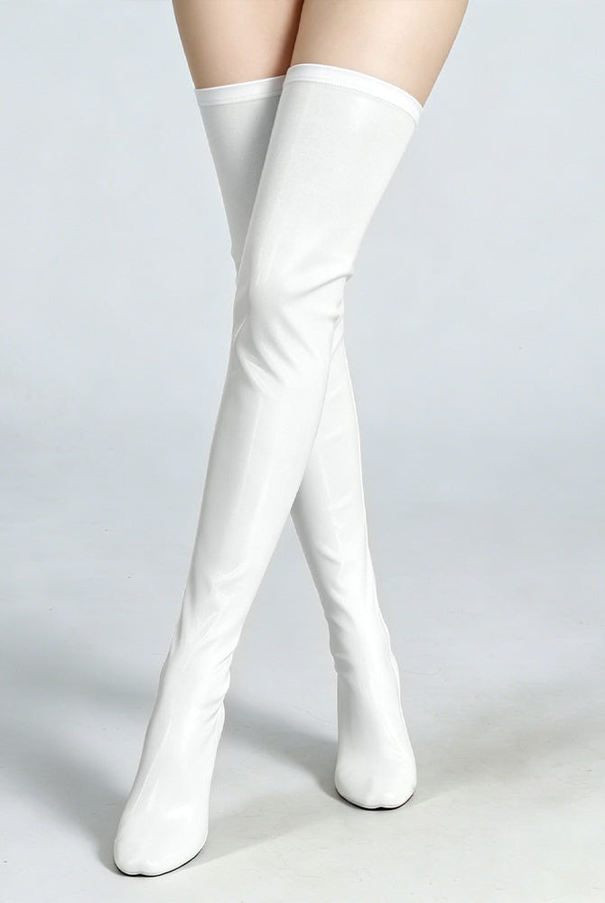 White faux leather thigh-high stockings with glossy finish and plain top