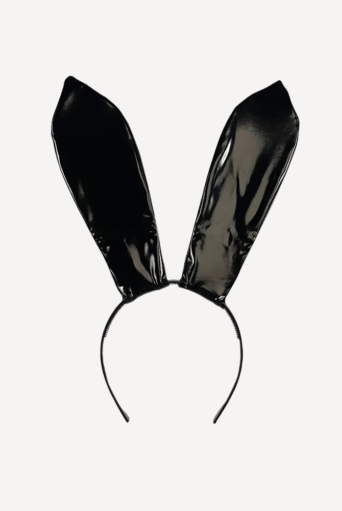 Black faux leather bunny ears headband with pointed ears and curved headband band