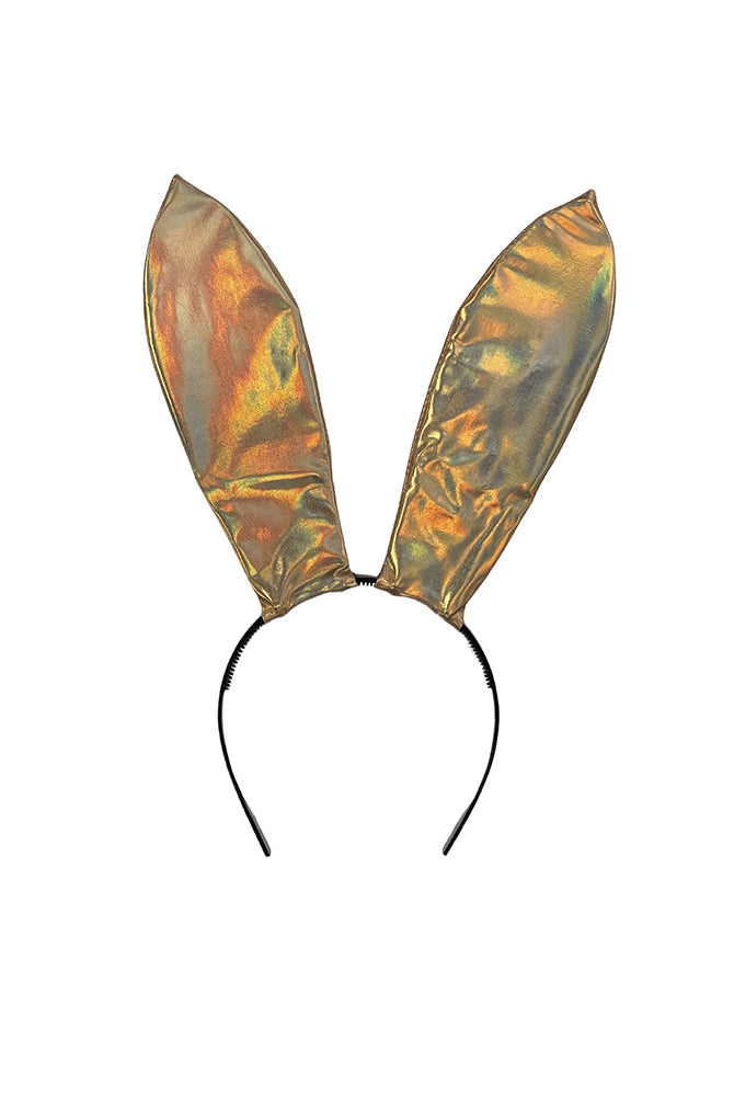 Gold holographic faux leather bunny ears headband with pointed ears and curved band