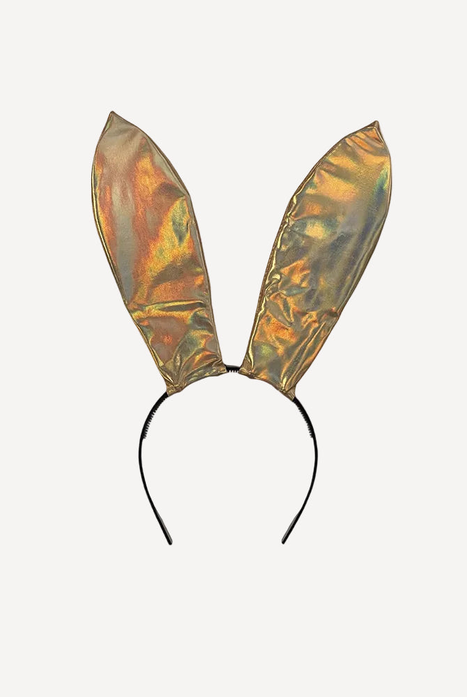 Gold holographic faux leather bunny ears headband with pointed ears and curved band