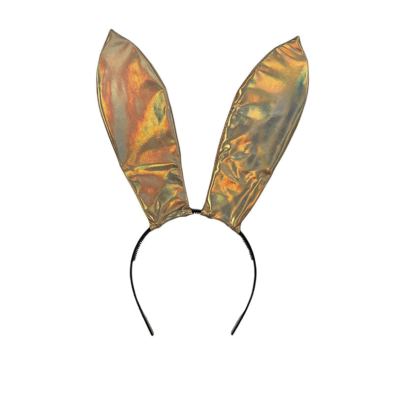 Gold holographic faux leather bunny ears headband with pointed ears and curved band