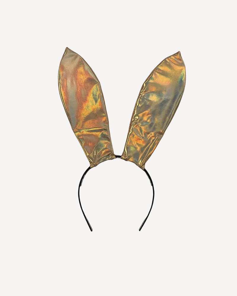 Gold holographic faux leather bunny ears headband with pointed ears and curved band