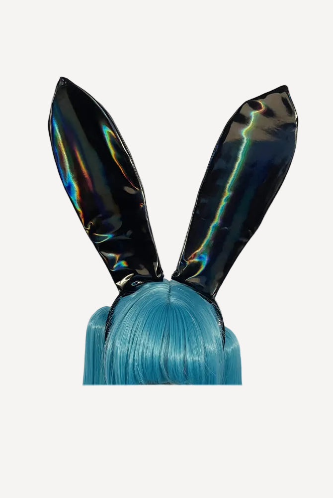 Holographic faux leather bunny ears headband with pointed ears and blue hair tuft