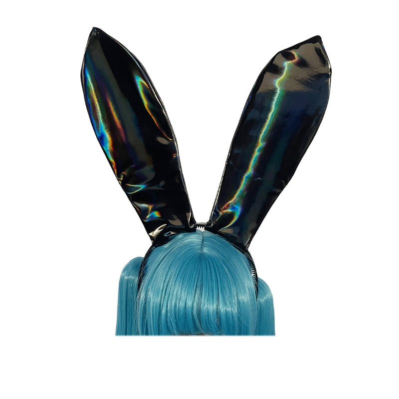 Holographic faux leather bunny ears headband with pointed ears and blue hair tuft