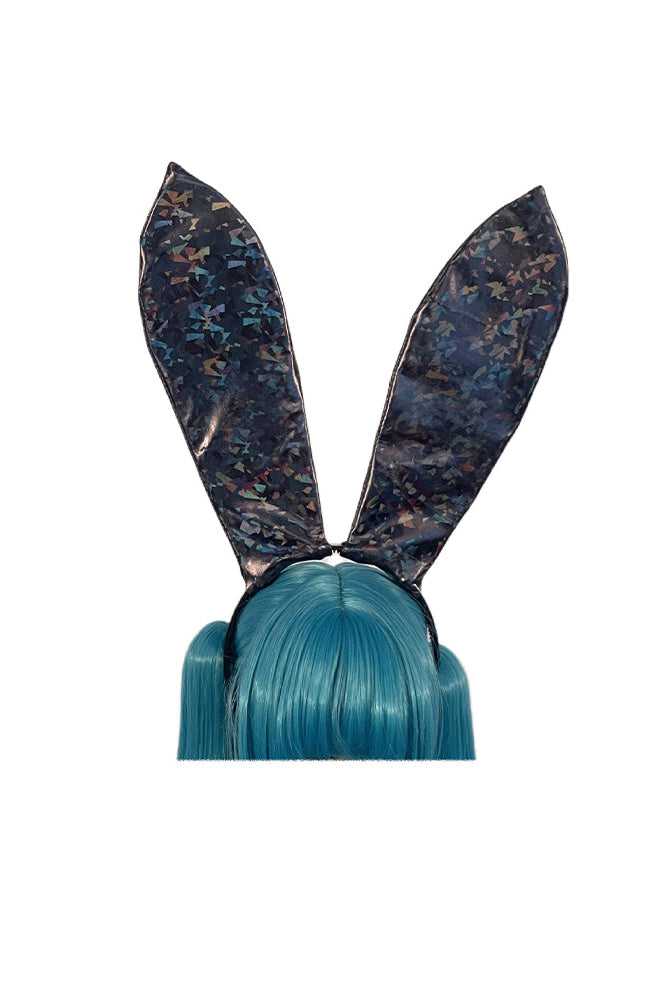 Shattered glass faux leather bunny ears headband with speckled ears and blue hair tuft