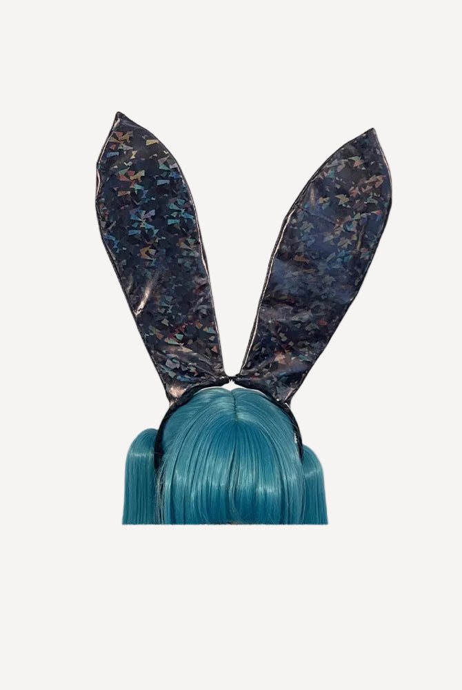 Shattered glass faux leather bunny ears headband with speckled ears and blue hair tuft