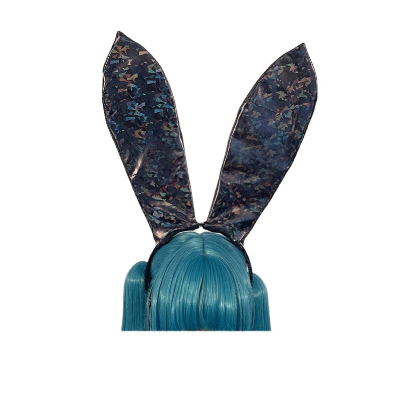 Shattered glass faux leather bunny ears headband with speckled ears and blue hair tuft