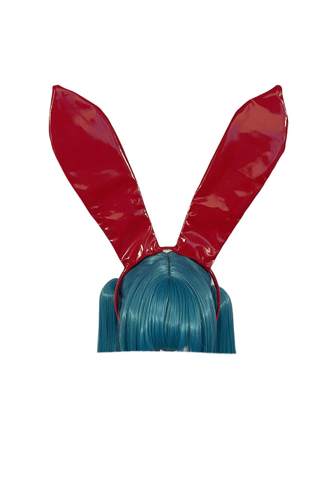 Red faux leather bunny ears headband with glossy pointed ears and blue hair tuft