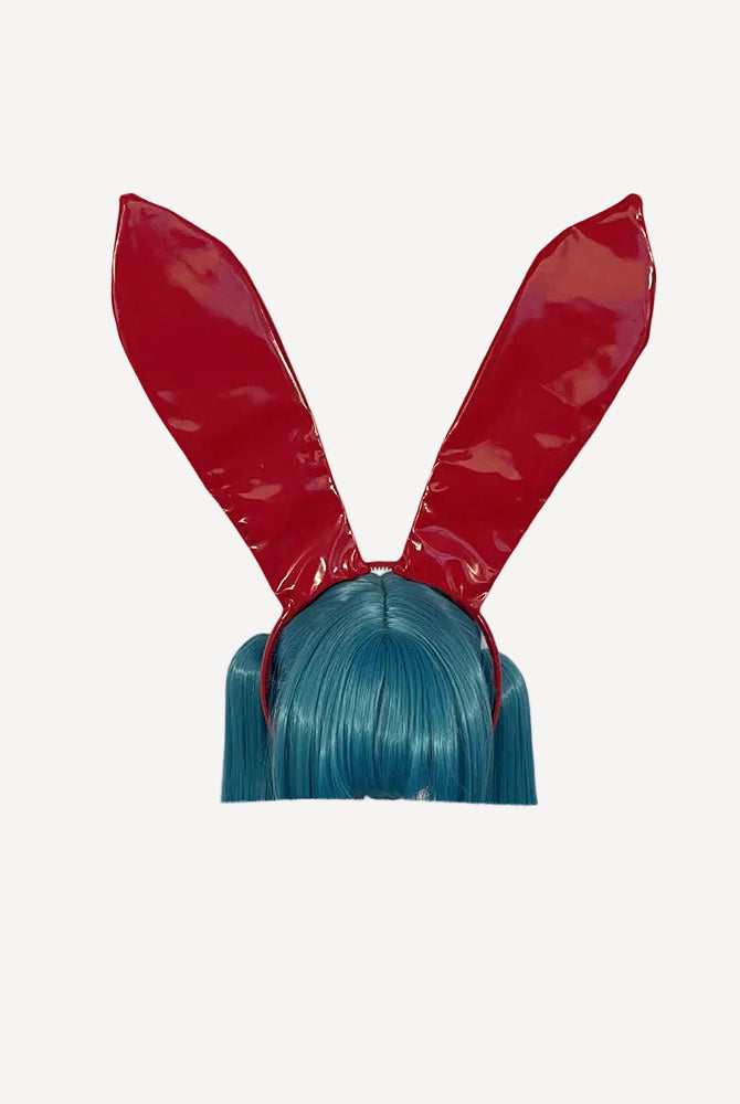 Red faux leather bunny ears headband with glossy pointed ears and blue hair tuft