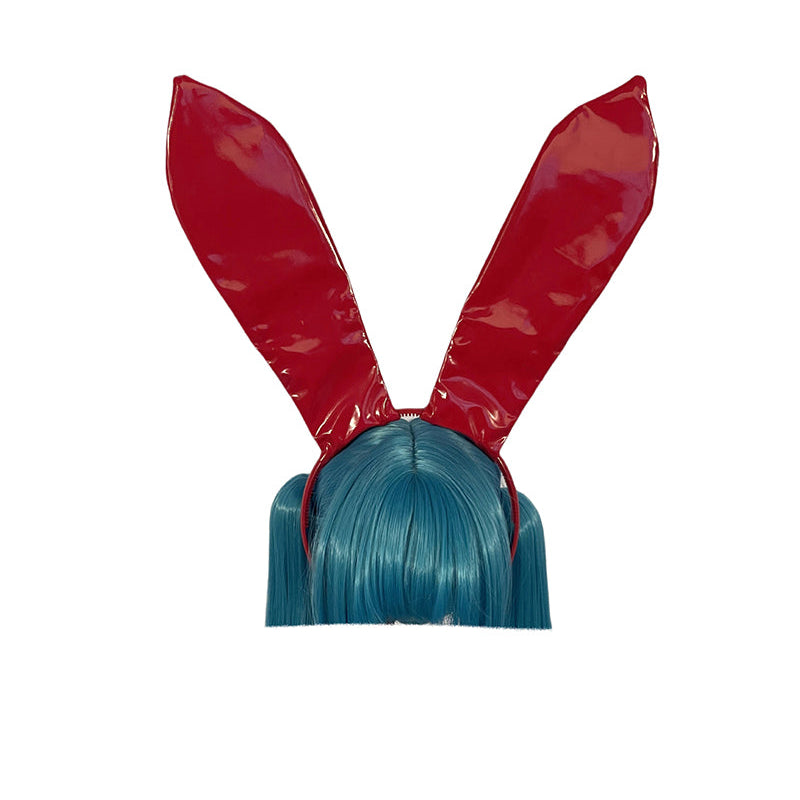 Red faux leather bunny ears headband with glossy pointed ears and blue hair tuft