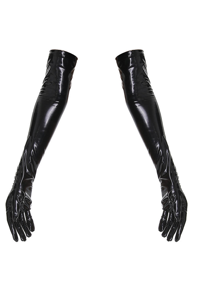 Black faux leather opera-length gloves with glossy finish and long fingered coverage