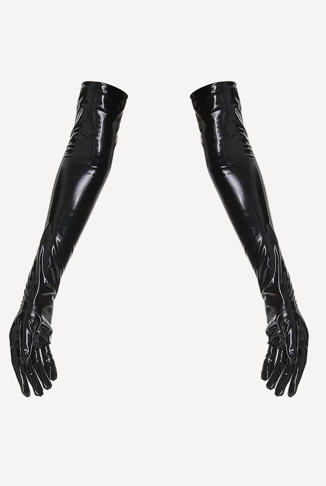 Black faux leather opera-length gloves with glossy finish and long fingered coverage