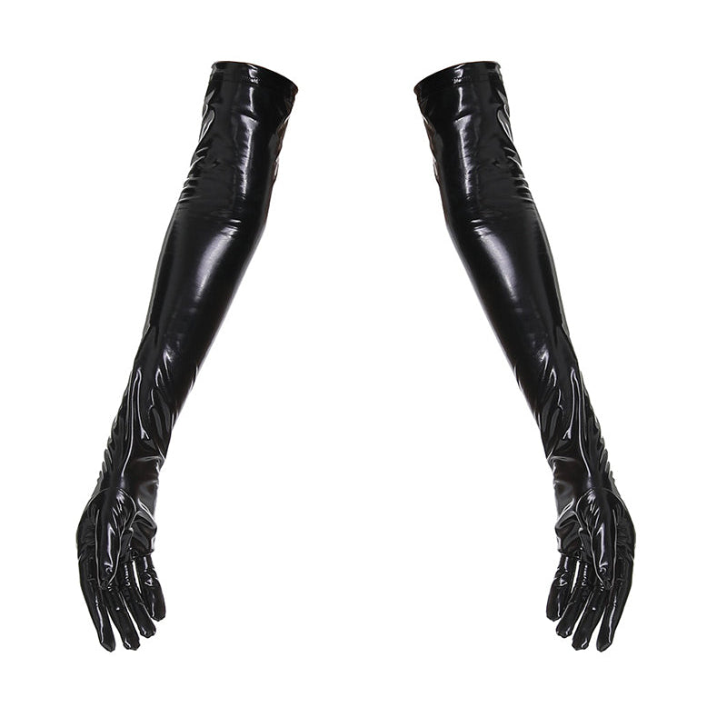 Black faux leather opera-length gloves with glossy finish and long fingered coverage