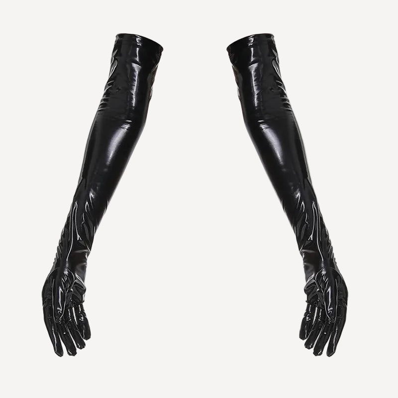 Black faux leather opera-length gloves with glossy finish and long fingered coverage