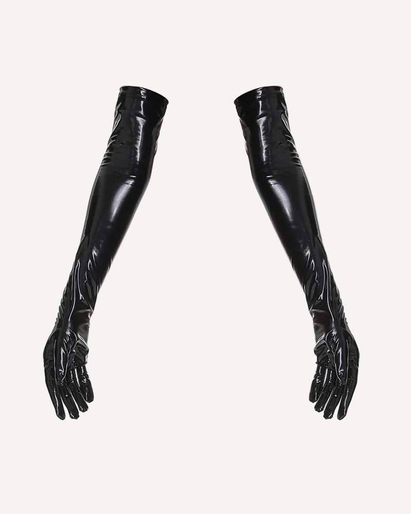 Black faux leather opera-length gloves with glossy finish and long fingered coverage