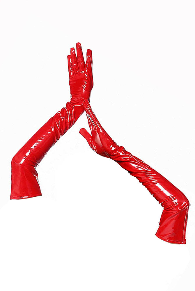 Red faux leather opera-length gloves with glossy finish and long fingered coverage