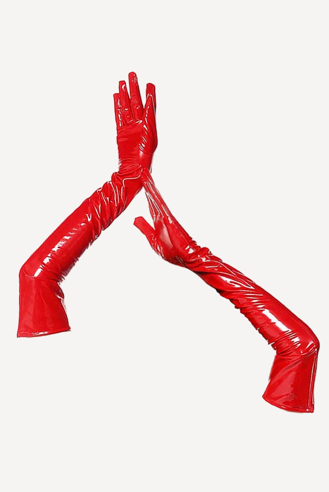 Red faux leather opera-length gloves with glossy finish and long fingered coverage