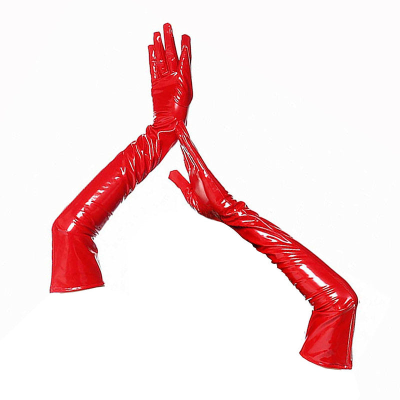 Red faux leather opera-length gloves with glossy finish and long fingered coverage