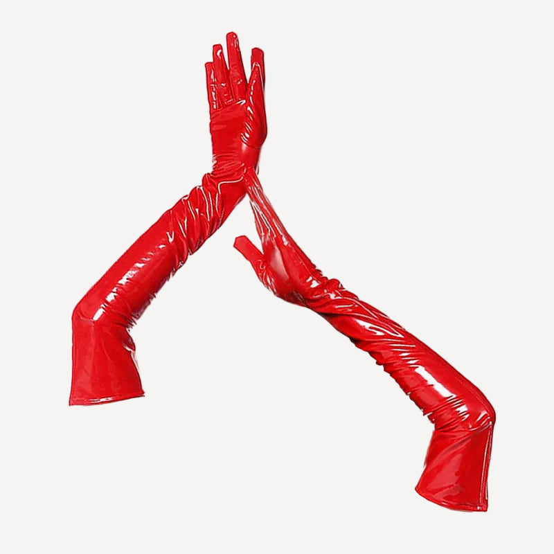 Red faux leather opera-length gloves with glossy finish and long fingered coverage