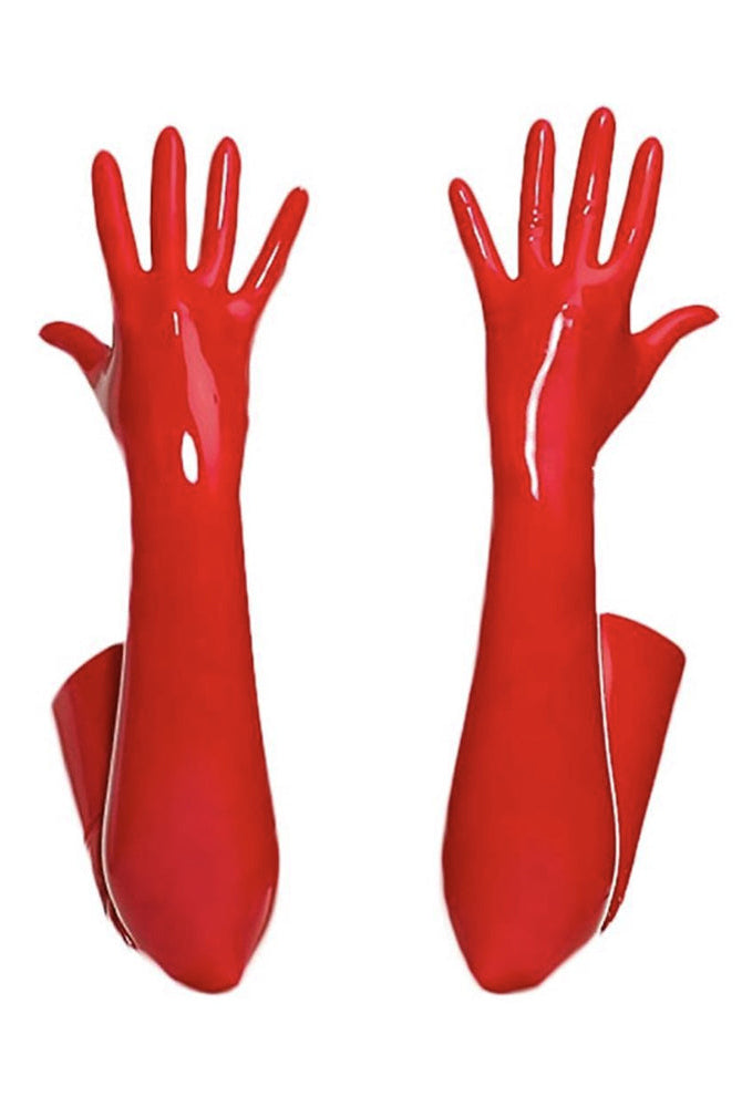 Red faux leather opera-length gloves with glossy palms and long open cuffs
