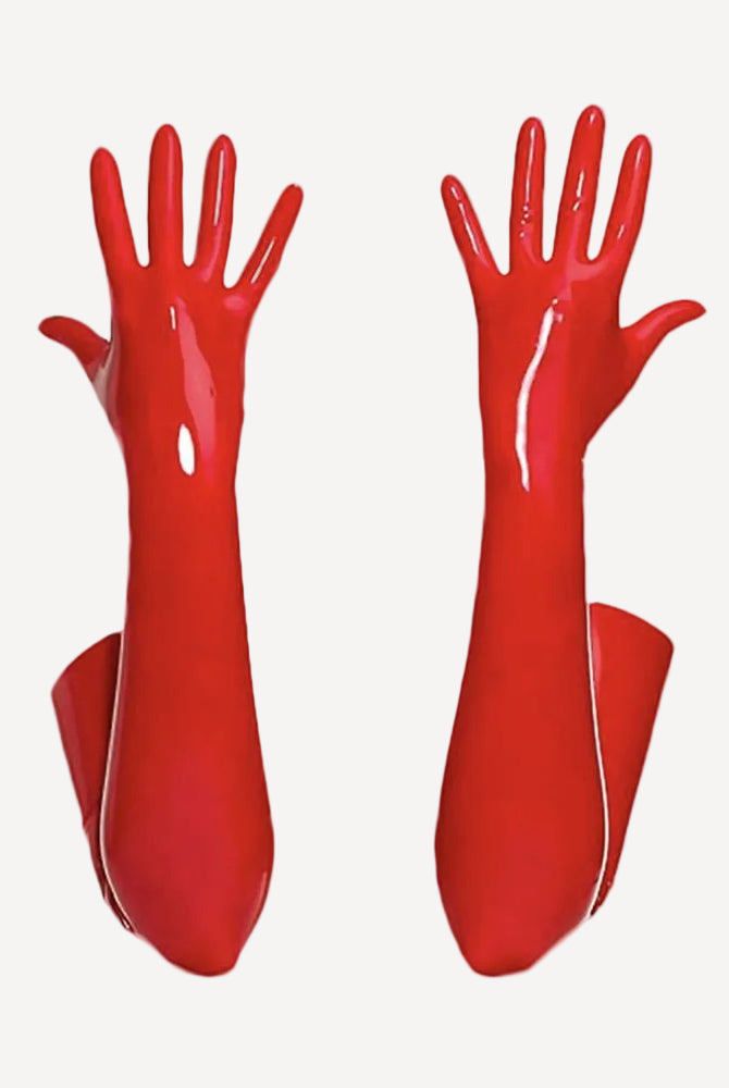 Red faux leather opera-length gloves with glossy palms and long open cuffs