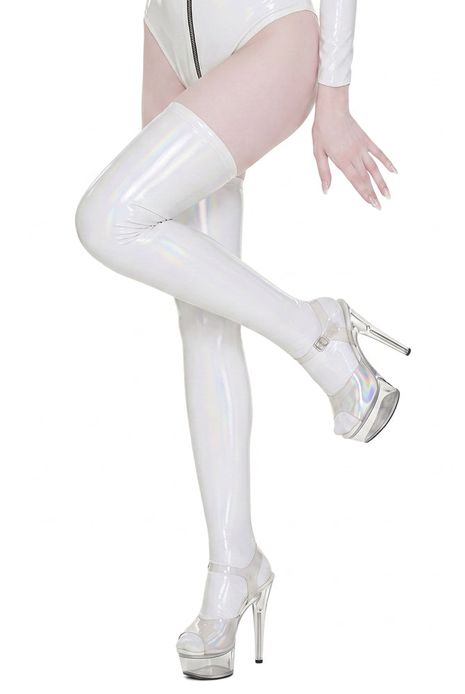 White wet-look PU leather thigh-high stockings, close-up showing glossy sheen