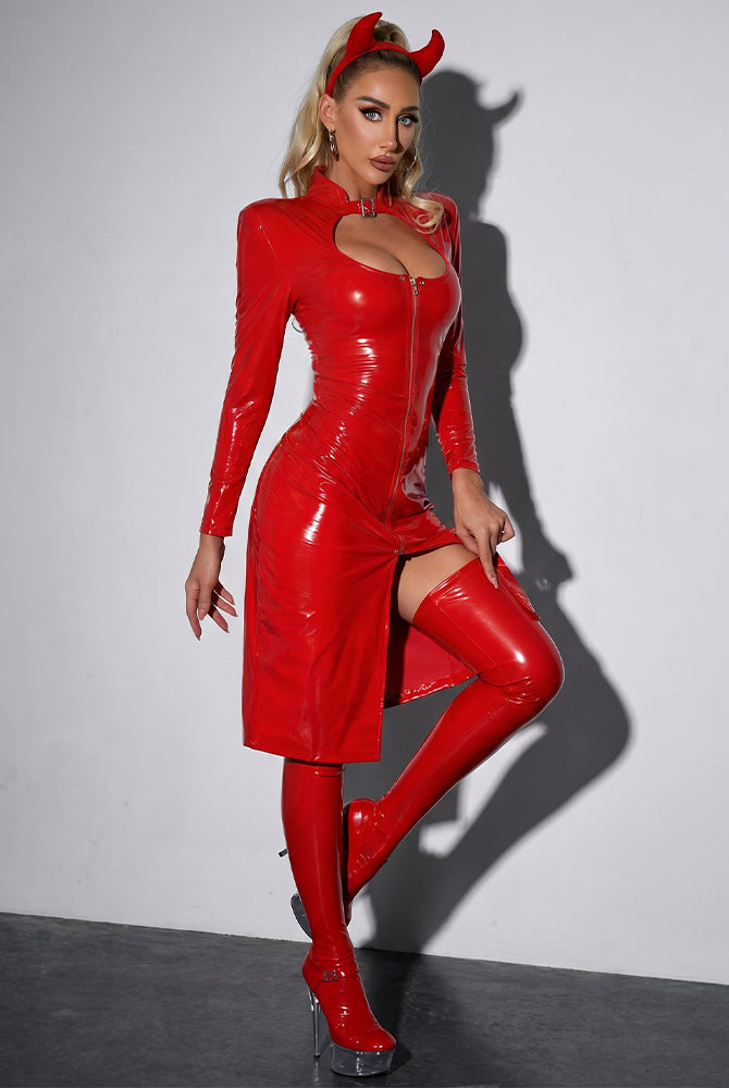 Red wet-look midi dress with long sleeves, chest cutout neckline, high slit
