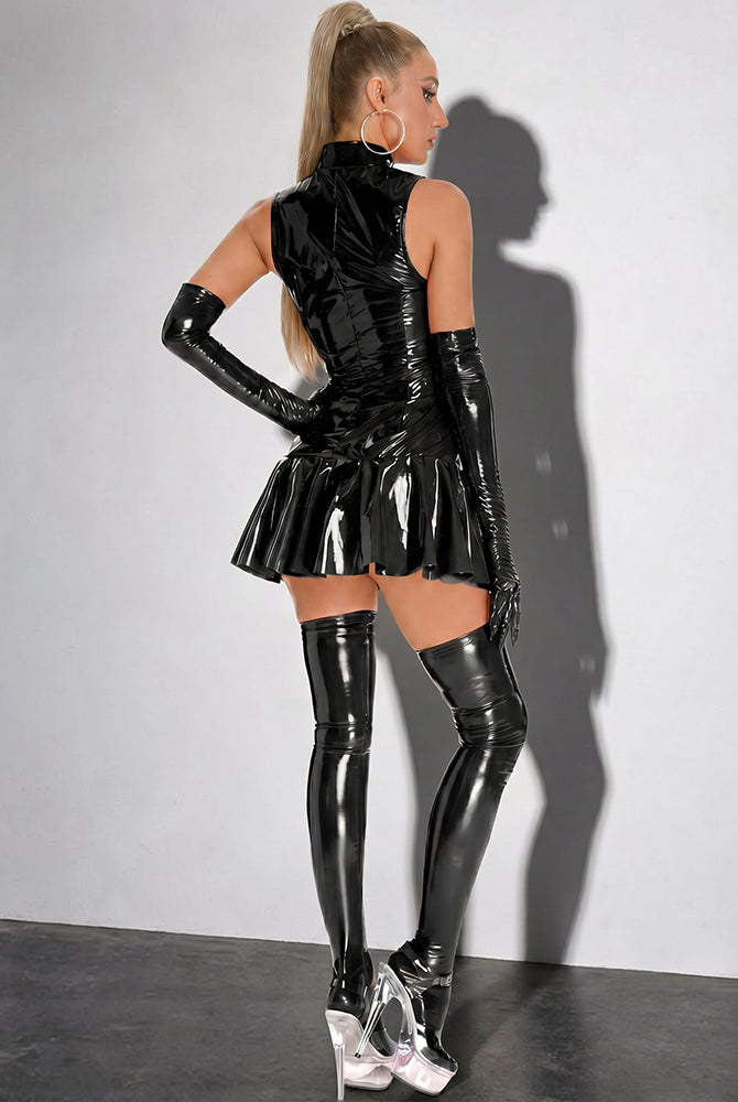 Black wet-look skater mini dress from the back, high neck and flared skirt