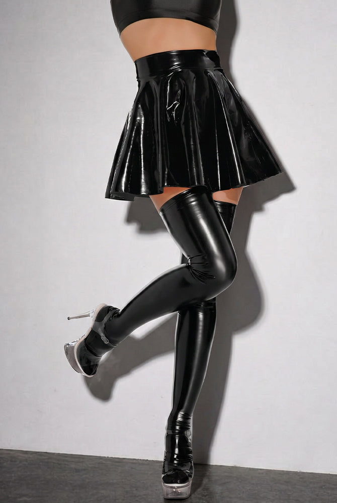 Black wet-look pleated mini skirt with high-gloss flared pleats