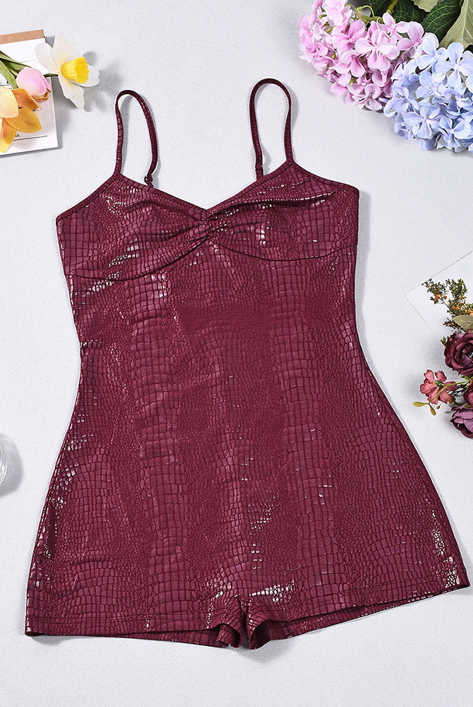 Burgundy croc-embossed faux leather V-neck spaghetti strap romper bodysuit, flat lay