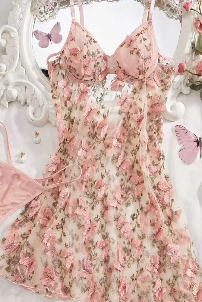 Avidlove Butterfly Embroidery Mesh Chemise with Panty, Sheer Floral Nightdress Set