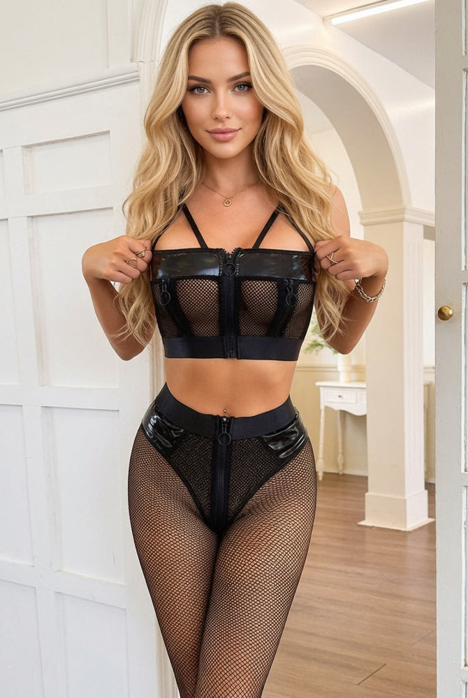 Avidlove PU Leather Fishnet Crop Top and Panty Set with Zipper Front