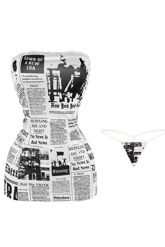 Newspaper print sheer mesh thong with V-cut front