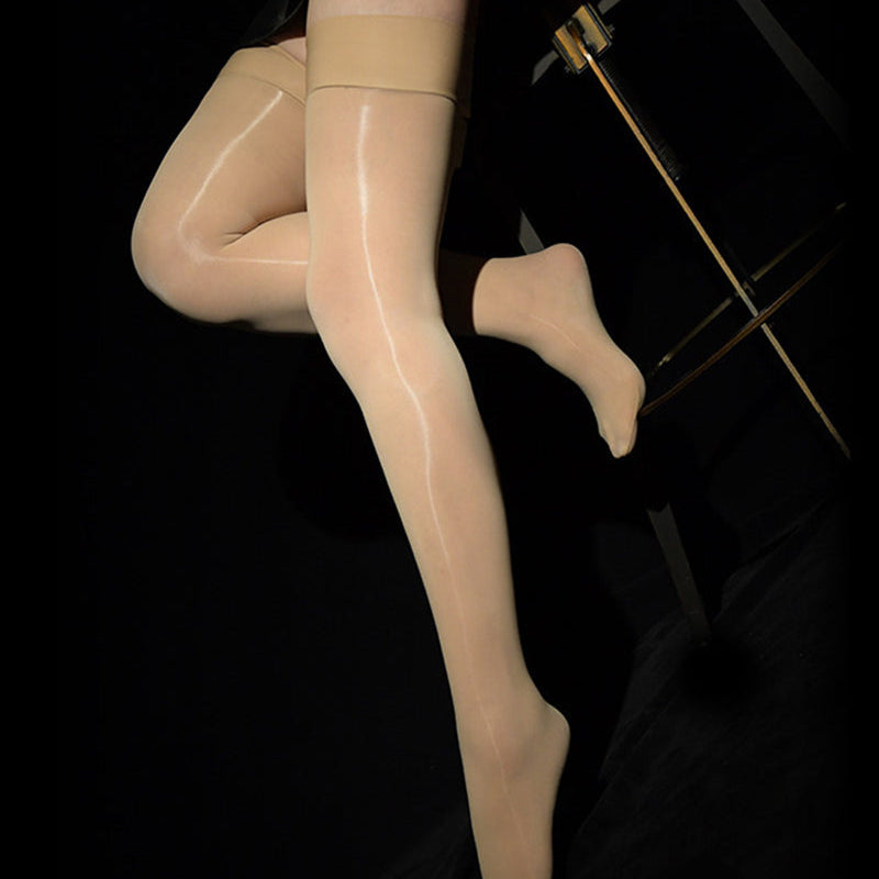 Wet-look flat-top thigh-high stockings, beige skin-tone with glossy finish
