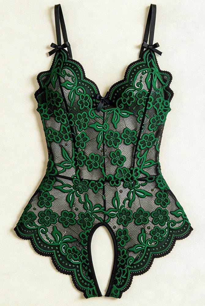 Black and green floral lace crotchless teddy with v-neck and bow-strap details