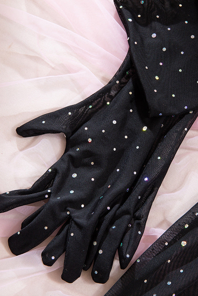 Black mesh rhinestone mini dress with long glove sleeves