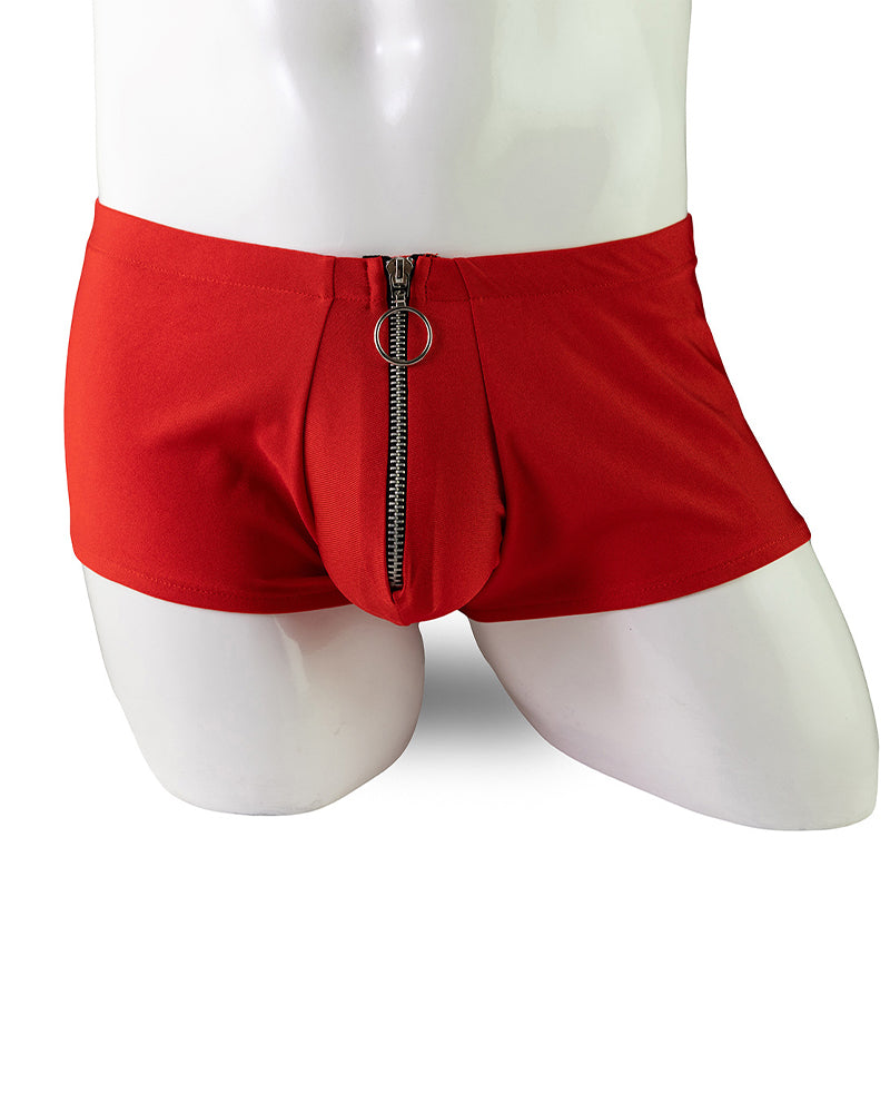 Red men’s zip-front open-crotch boxer shorts on a mannequin, front zipper detail