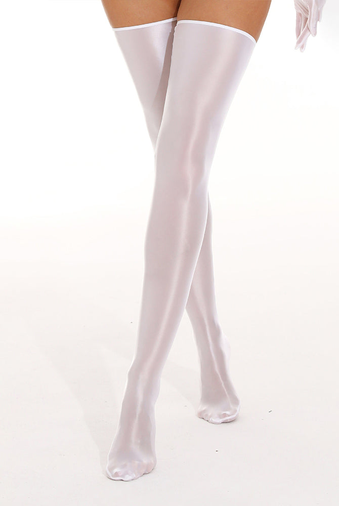White glossy wet-look thigh-high stockings