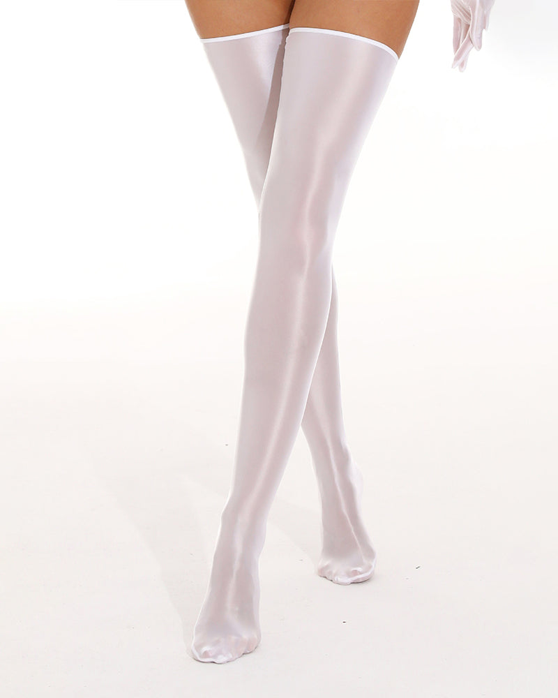 Glossy Wet Look Thigh-High Stockings - White