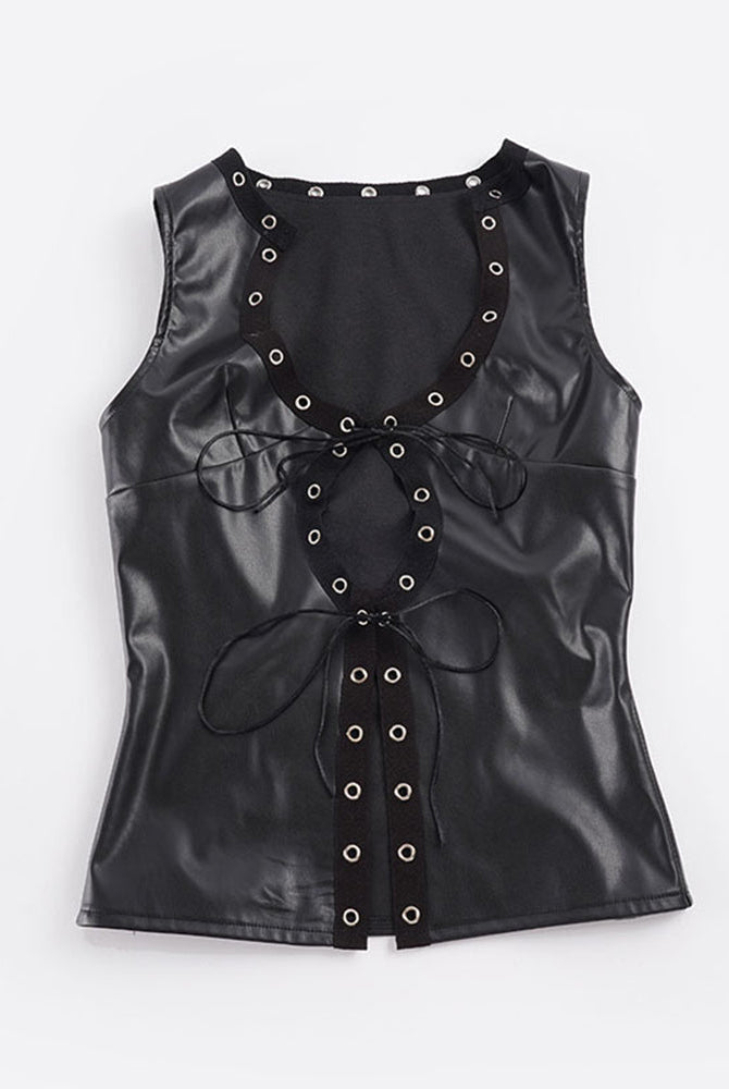 Avidlove PU Leather Lace-Up Crop Vest and Shorts Set with Eyelet Hardware
