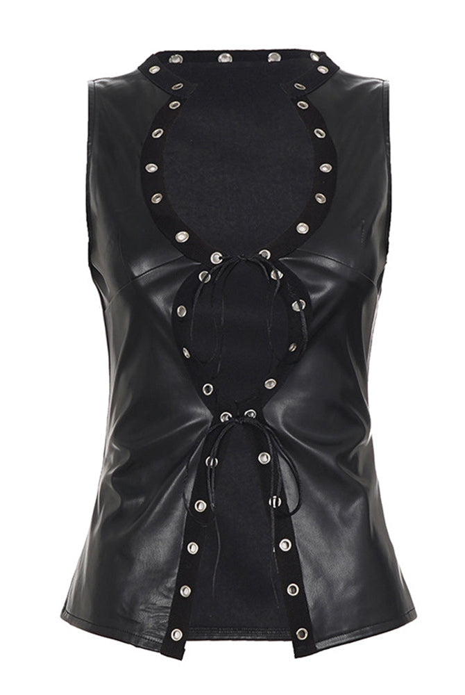 Avidlove PU Leather Lace-Up Crop Vest and Shorts Set with Eyelet Hardware