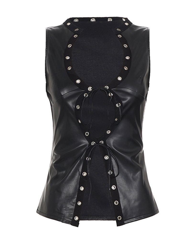 Avidlove PU Leather Lace-Up Crop Vest and Shorts Set with Eyelet Hardware