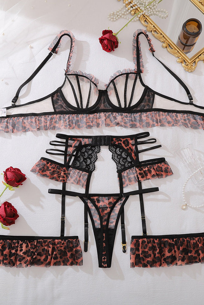 Avidlove Leopard Print Lace 4-Piece Lingerie Set with Garter Belt