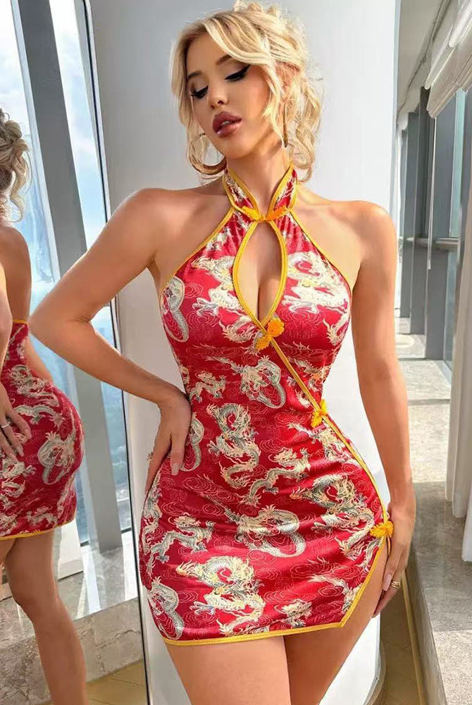 Avidlove Dragon Print Halter Mini Dress Costume with Keyhole Neckline