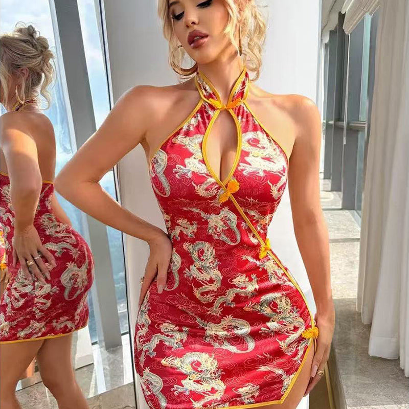 Avidlove Dragon Print Halter Mini Dress Costume with Keyhole Neckline